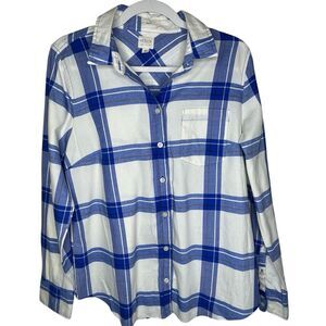 J.Crew Women's "Boy Fit" Blue White Plaid‎ Button Down Western Cotton Shirt M
